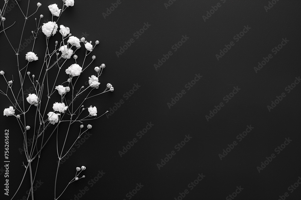white minimal tiny flowers isolated on copy space black background, White blossoms in black backdrop, Beautiful jasmine flowers blooming, jasmine flowers on black surface, Orchid flower arrangements - obrazy, fototapety, plakaty 