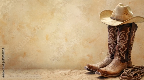 A pair of cowboy boots stands next to a coiled rope on a rustic wooden floor photo