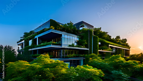 A Eco green building adorned with an abundance of trees and shrubs, featuring a green roof and plant-covered walls to accentuate urban greenery. Perfect for Earth Day, World Environment Day