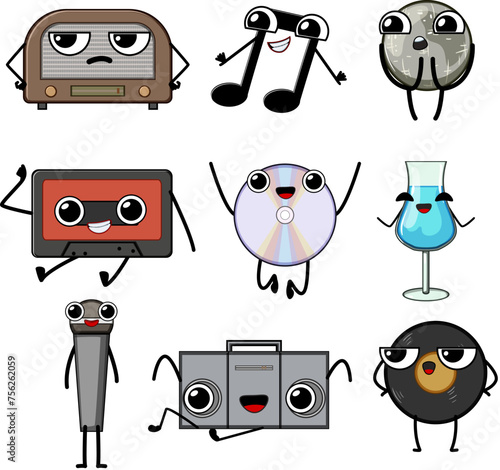 retro music character set cartoon. party 90s, disco event, ball ghetto retro music character sign. isolated symbol vector illustration