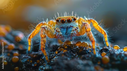 Wallpaper Mural Close-up of a colorful jumping spider on a dew-covered surface with a blurred background. Torontodigital.ca