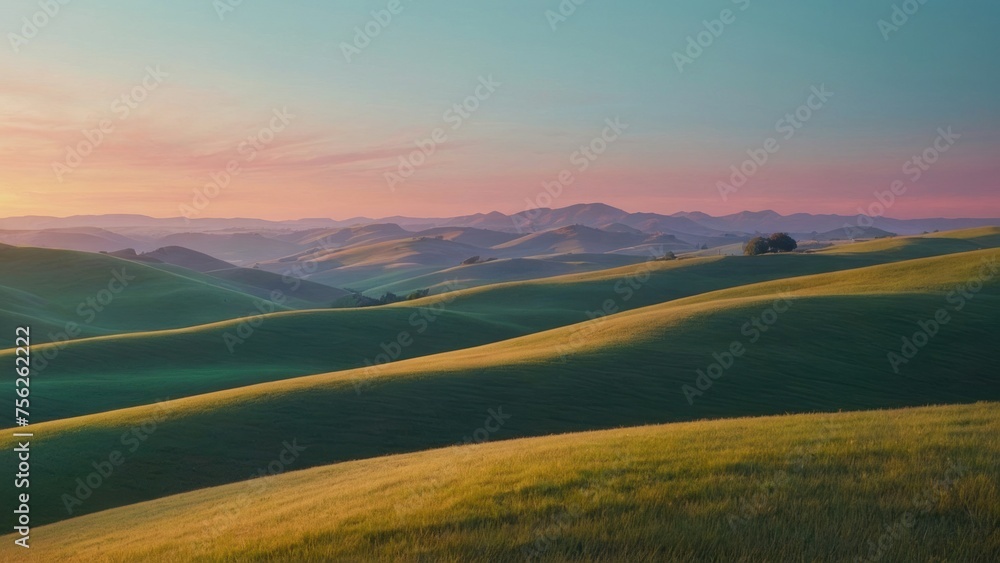 Soft Sunrise Serenity Minimal Abstract Landscape with Rolling Hills and Pastel Dawn