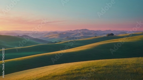Soft Sunrise Serenity Minimal Abstract Landscape with Rolling Hills and Pastel Dawn