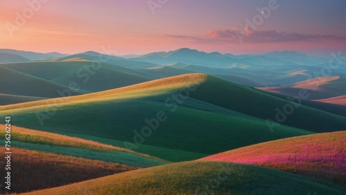 Soft Sunrise Serenity Minimal Abstract Landscape with Rolling Hills and Pastel Dawn