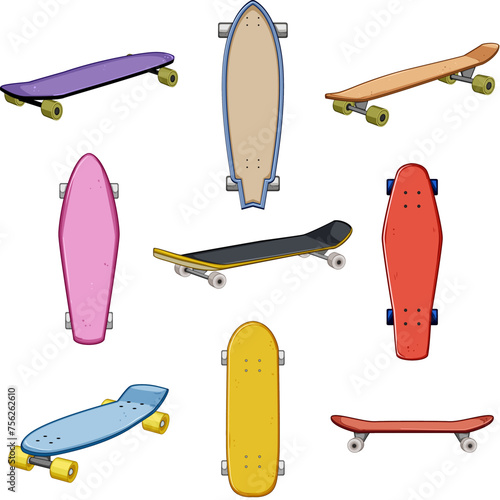 skate board set cartoon. retro wheel, print sketch, side emblem skate board sign. isolated symbol vector illustration