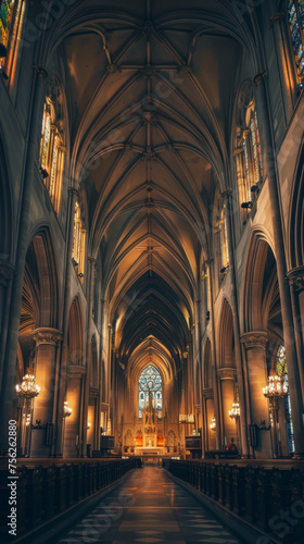 Interior of a gothic cathedral with arched ceilings and stained glass windows