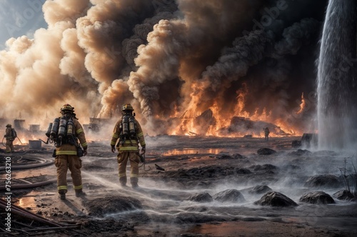 Firefighters fighting a fire in a burning building. Firefighters fighting a fire.