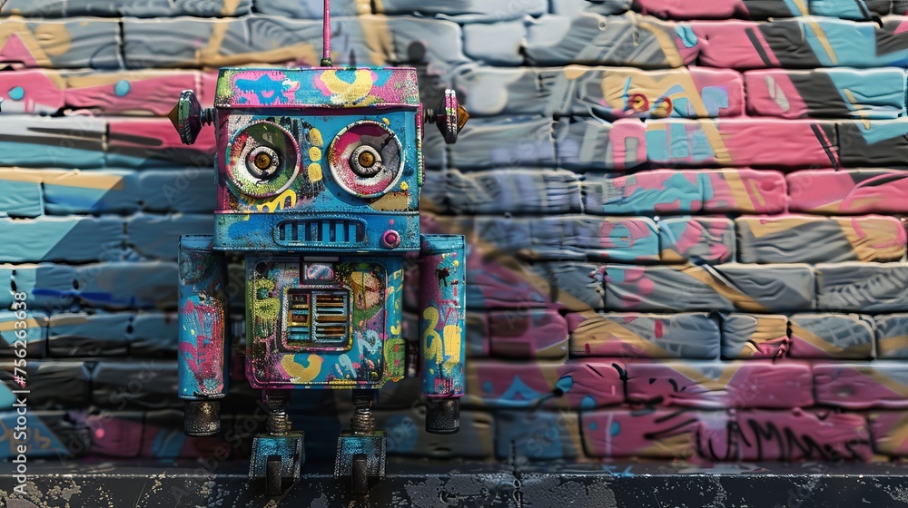 A futuristic robot stands proudly in front of a weathered brick wall