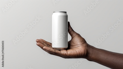 Packshot photo of a fresh white beer can held by a black African hand