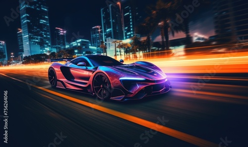 Sports car cruising on the nighttime highway, futuristic style 