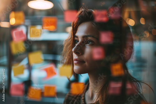 Portrait of a woman standing in front of a wall covered with colored post-it notes. A slide background for showcasing the brainstorming process. Created with Generative AI technology.