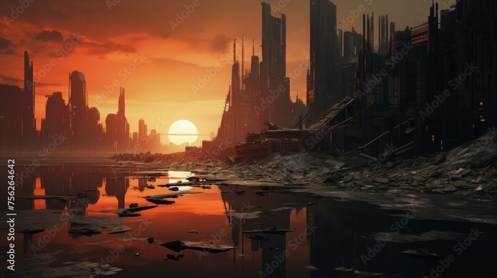 Concrete city ruins in still waters Concrete city ruins in still waters