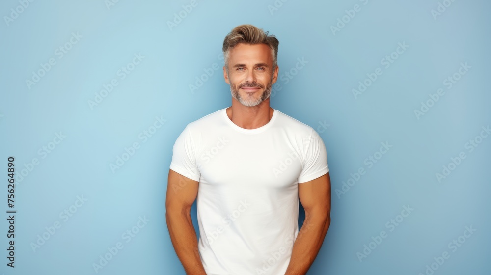 A man with beard in white t-shirt on blue background. Mockup of t-shirt. A man with beard in white t-shirt on blue background. Mockup of t-shirt.