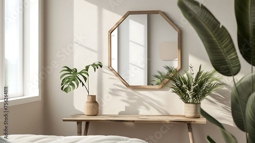 Hexagonal shape mockup photo frame resin border, on bedside table in modern living room, 3d render