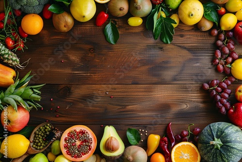 a group of fruits on a wooden surface