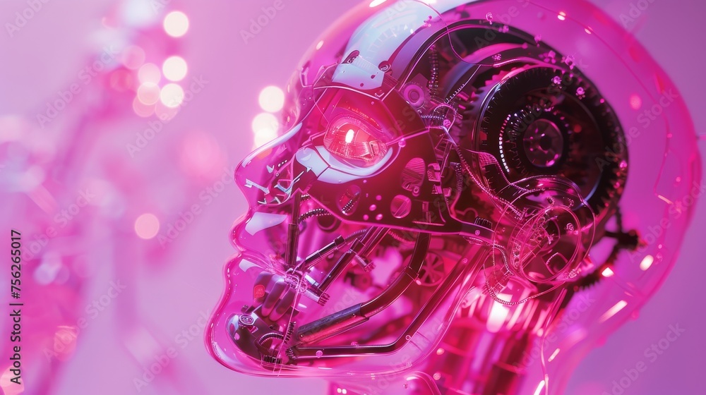 A pink robot head against a pink background