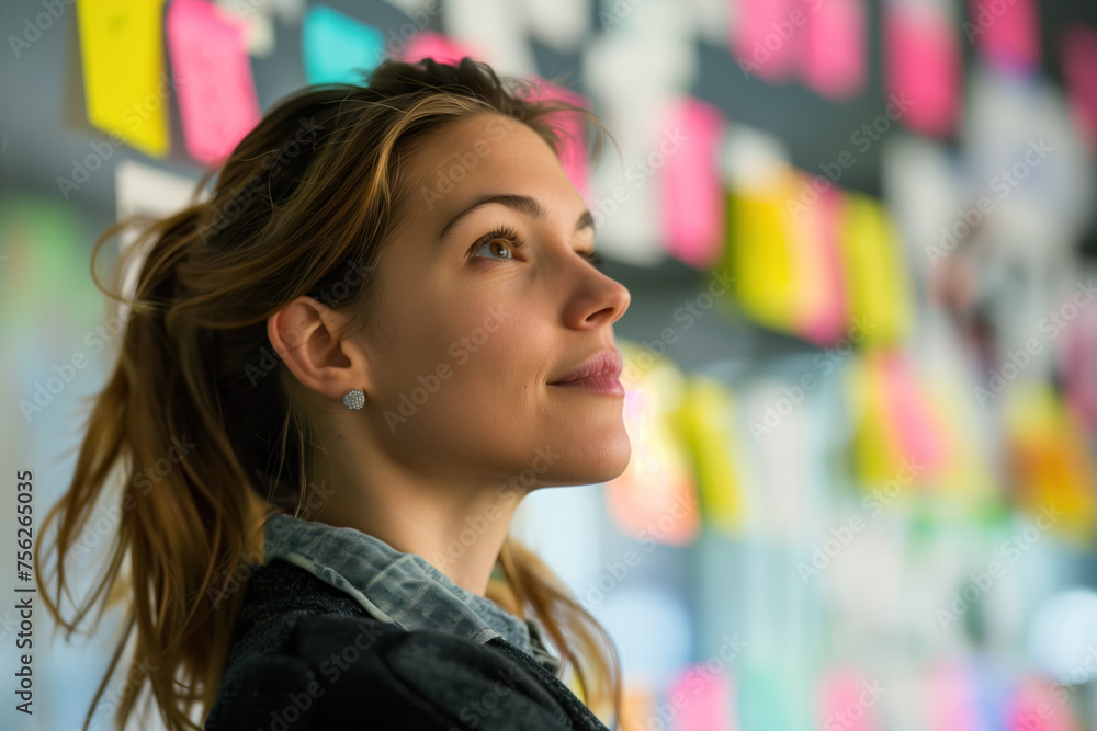 Portrait of a woman standing in front of a wall covered with colored post-it notes. A slide background for showcasing the brainstorming process. Created with Generative AI technology.