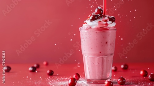 A pink drink topped with whipped cream and cherries photo