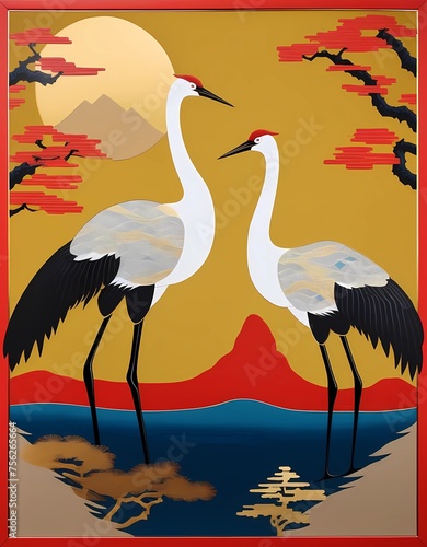 two birds in the water. illustration wallpaper art
