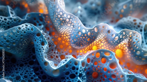 Abstract digital background with blue organic patterns and orange highlights, resembling cellular structures or futuristic textures.