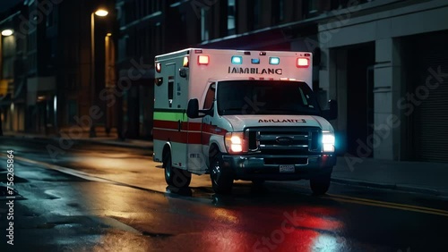A emergency ambulance car driving with flashing red lights on through the wide city street at night photo