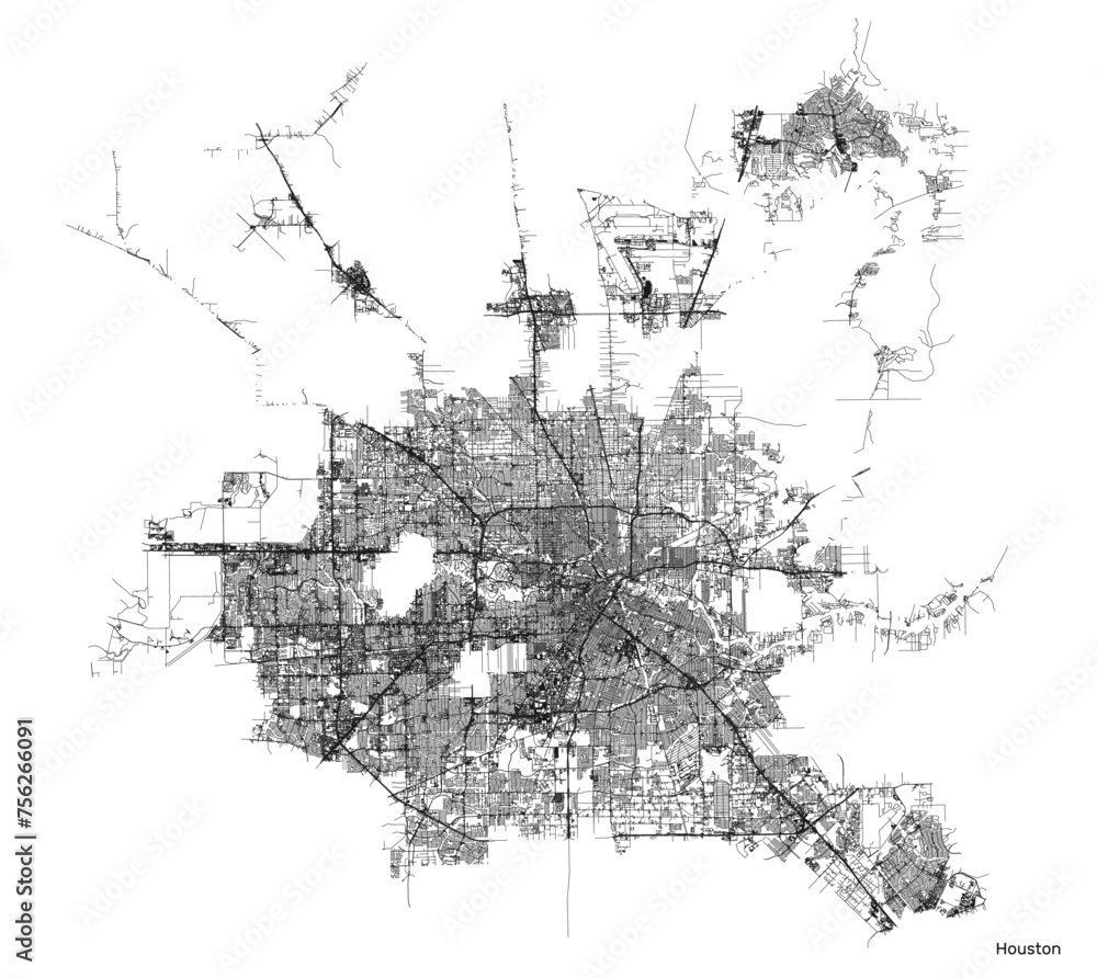 Houston city map with roads and streets, United States. Vector outline illustration.