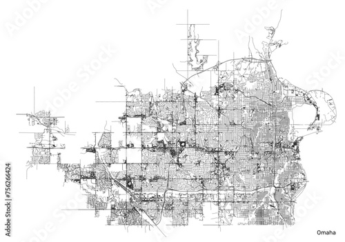 Omaha city map with roads and streets, United States. Vector outline illustration.