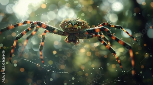 Close-up of a spider on a web with dewdrops, backlit by soft morning light. photo