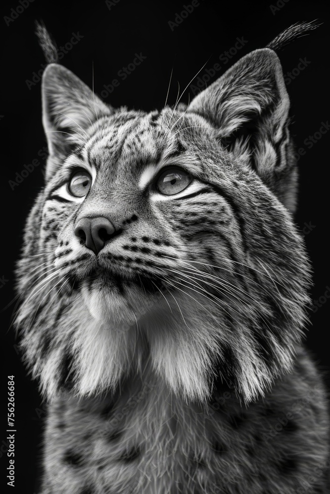 closeup black and white portrait of a beautiful wild lynx cat
