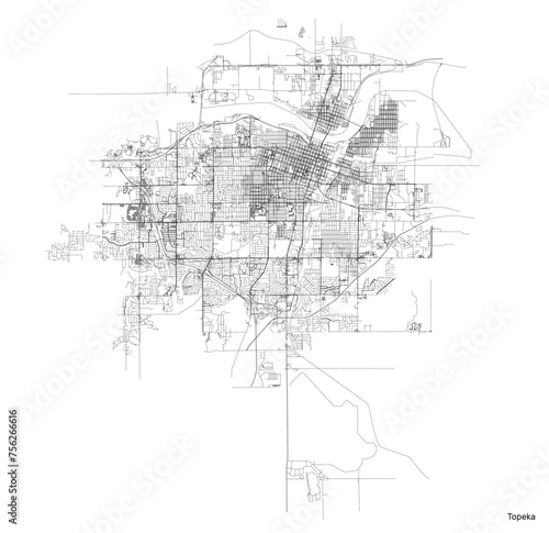 Topeka city map with roads and streets, United States. Vector outline illustration.