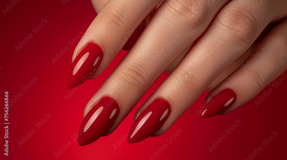 Red manicure on the red background, Nail service concept Red manicure on the red background, Nail service concept