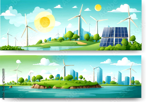 Sustainability illustration set. ESG, green energy, sustainable industry with windmills and solar energy panels. Environmental, Social, and Corporate Governance concept. Vector illustration.