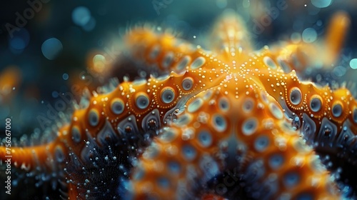 Close-up of a vibrant orange starfish underwater with tiny white dots and a bokeh background.