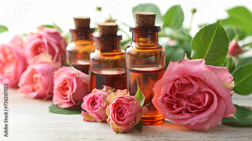Dark bottles of aroma oil with roses on white background