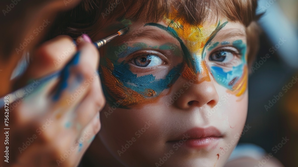 A person is painting a child's face with bright colors A person is painting a child's face with bright colors