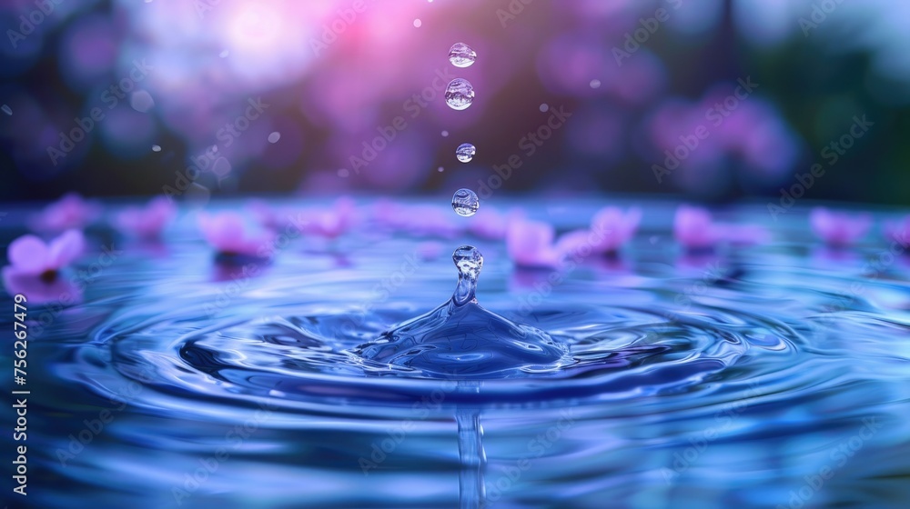 Serene water droplet creating ripples on a tranquil surface with delicate pink petals, conveying a sense of peace and purity.