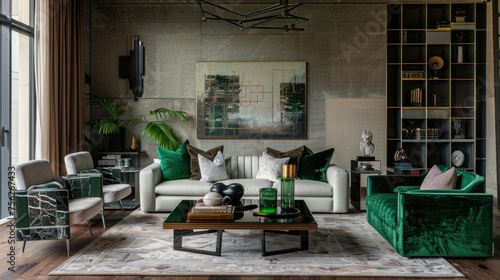 Modern living room interior with green velvet sofas and white armchairs.