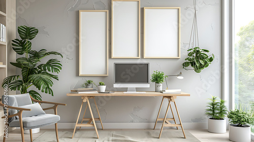 Multi opening Collage shape mockup photo frame bamboo border, on study desk in modern living room, 3d render