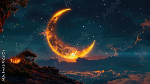 Crescent moon over Islamic mosque silhouette against twilight sky. © Julia Jones