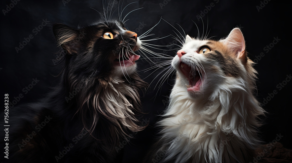 Cat quarrel concept with black and white cats yelling at each other