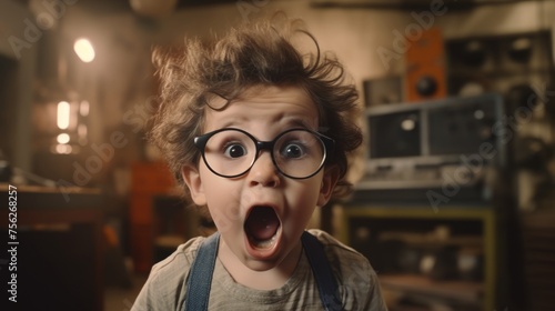 A child wearing glasses screaming in surprise. Children's raw emotions.