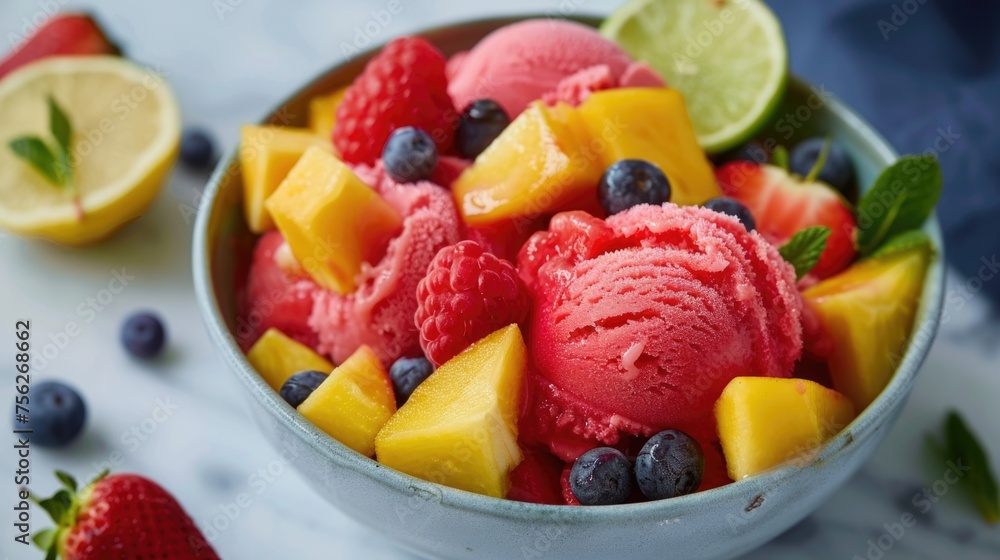 Bowl of colorful fruit sorbet with fresh berries and kiwi. Summer dessert concept.