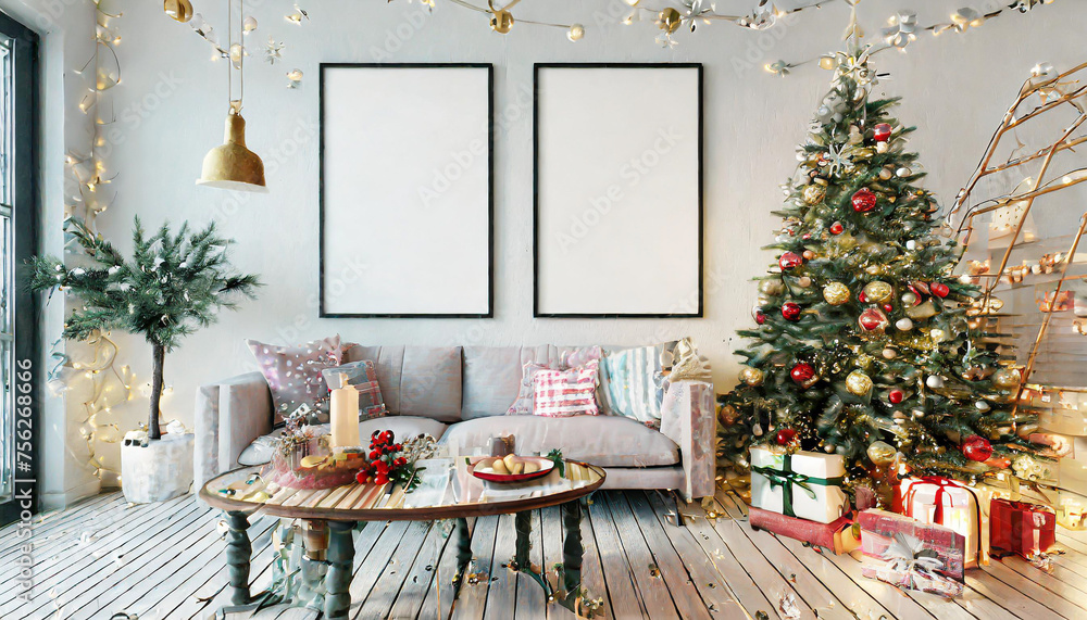 mock up poster in the christmas interior in scandinavian style 3d rendering