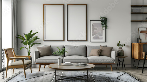 Multi opening Collage shape mockup photo frame glass border, on study desk in modern living room, 3d render