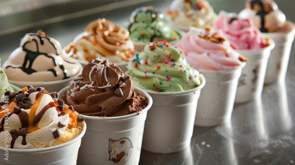 Variety of soft serve ice cream in cups with toppings.
