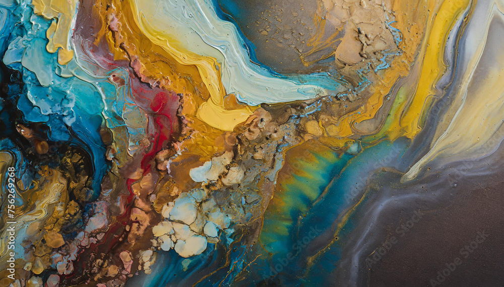 Abstract colorful acrylic painting on canvas, Close up blue and red colors with golden foil Abstract colorful acrylic painting on canvas, Close up blue and red colors with golden foil