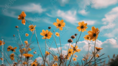 Yellow wildflowers in a field with blue sky and clouds. © Julia Jones