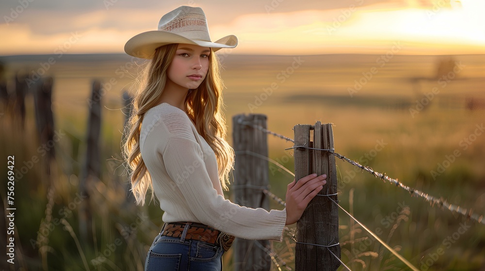 a beautiful high school senior stand posing next to a ranch fence, country look, she is wearing a cowboy hat and boots, country girl,    sunset. generative AI - obrazy, fototapety, plakaty 