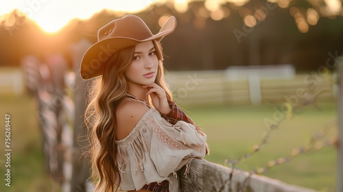 a beautiful high school senior stand posing next to a ranch fence, country look, she is wearing a cowboy hat and boots, country girl, sunset. generative AI