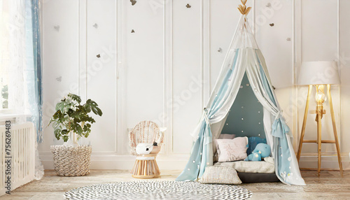 Empty white wall in modern child room. Mock up interior in scandinavian, boho style. Copy space for your picture or poster. Bed, armchair, toys, rattan basket. Cozy room for kids. 3D rendering. photo